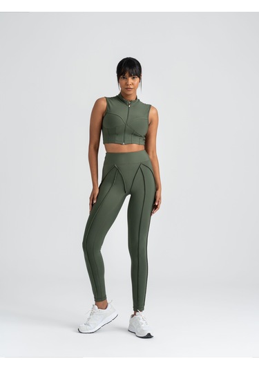 Dikişle Modellenmiş Spor Tayt Haki Yeşili