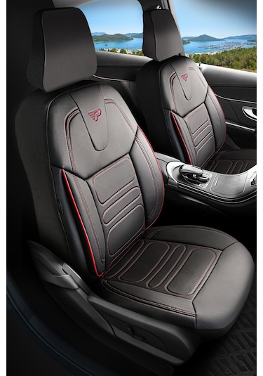 Siyah - Kırmızı Panda Rodos Serisi Deri Ortopedik Oto Koltuk Kılıfı - Tam Set