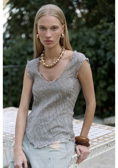 Mai Collection Mai Studios Co. Veilinas Asimetrik Kahve Keten Crop Kahve