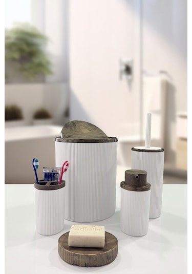 Biltaş Plastik Auaro 5 Parça Beyaz Çizgili Kahverengi Akrilik Desenli Yuvarlak 5'li Banyo Seti Beyaz