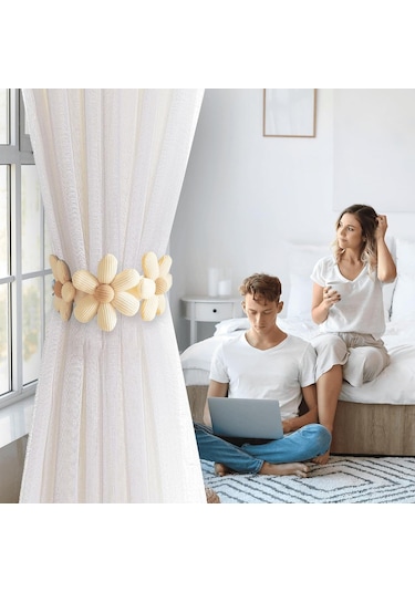 Bej 2 Adet Çiçekli Perde Bağları 45 X 6,5 Cm Düğmeli Basit Perde Bağları, Yatak Odası Pencereleri İçin Dekoratif Perde Bağları Diğer