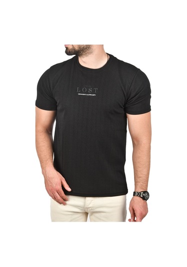 Deepsea Erkek Siyah Nefes Alan Pamuklu Tişört Bisiklet Yaka Dar Kesim Yumuşak Dokulu Tişört 2504352 Siyah