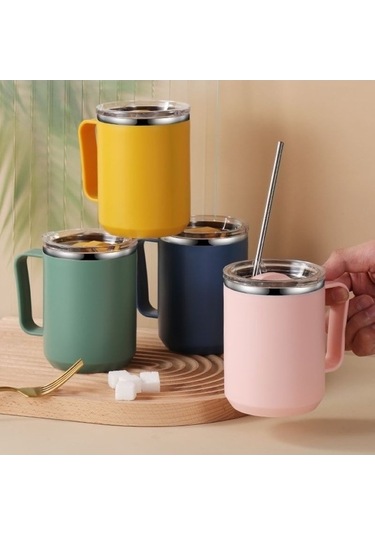 Besthome1 450ml Kulplu Yalıtımlı Kahve Kupa, Ofis, Dış Mekan, Seyahat İçin Vakumlu Termos Beyaz Beyaz