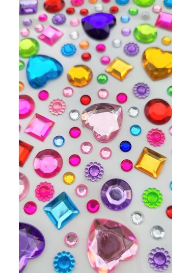 Taş Sticker Renkli Kalpli Kareli Yuvarlak Yapışkanlı Saç, Yüz, Tı