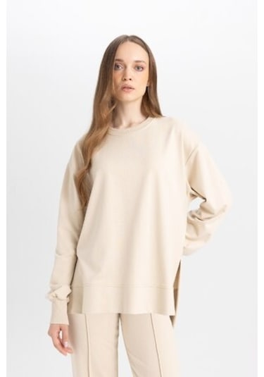 Defacto Regular Fit Bisiklet Yaka Basic Düz Sweatshirt Tunik D4800AX24AUBG359 Bej