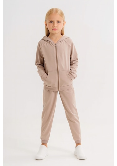 Kız - Erkek Çocuk Basic Fermuarlı Okul Eşofman Takımı Ak0785 Bej