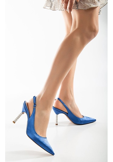 Saten Taşlı Özel Tasarım El Yapımı Stiletto MAVİ
