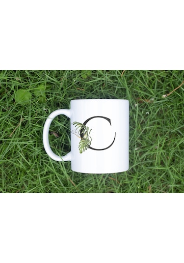 C Harf Zarif Yaprak Desenli Kupa Bardak - Naturel Sade Alfabe Harfli Bardak - Kişiye Özel Hediye Beyaz