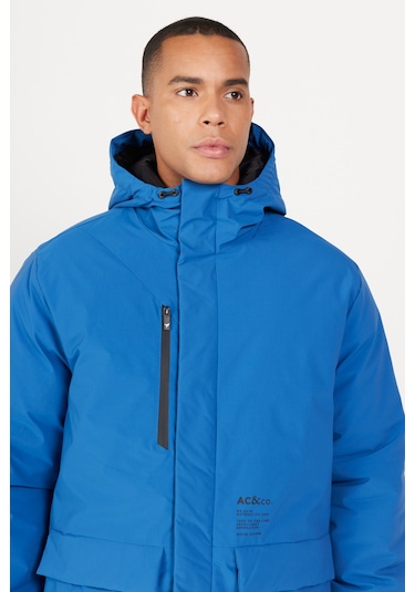 Ac&Co / Altınyıldız Classics Erkek Saks Kapüşonlu Dik Yaka Standart Fit Kaban Saks Mavi