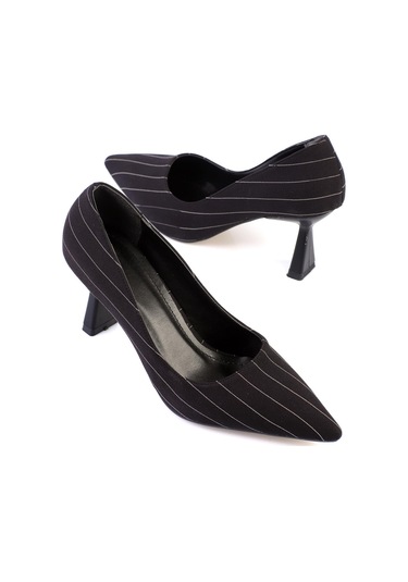 Shoetek Luana Kadın Stiletto Çizgili Kumaş Topuklu Ayakkabı Siyah Saten Siyah Saten