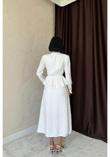 Ekru Pile Detaylı Kruvaze Elbise Ekru