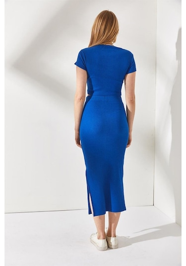 Kadın Saks Mavisi Yazlık Yırtmaçlı Esnek Etek Crop Takım