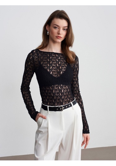 Dilvin 32763 Kayık Yaka Dantel Top-siyah