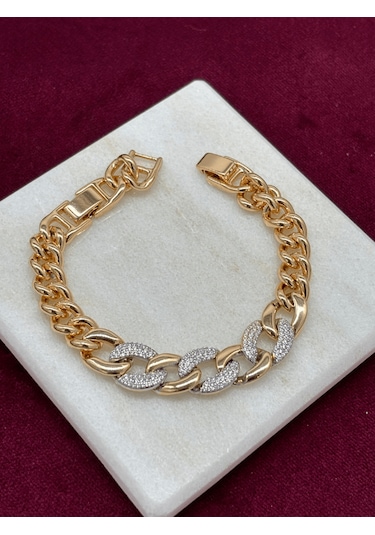 Gümüş Ve Altın Örme Taşlı Rose Bileklik Rose Gold