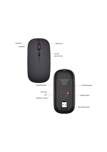 Tongxida M90 2,4 Ghz Super İnce Sessiz Kablosuz Mouse, 2 Modlu, Hızlı Kullanıcı M-90