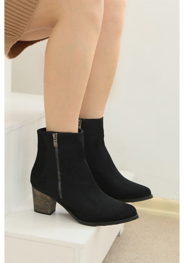 Shoetek Nora Kadın Bot Kalın Topuklu Siyah Süet Siyah Suet Siyah