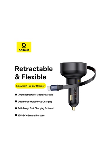 Geeksen Baseus Araç Şarj Cihazı, Geri Çekilebilir C+type-c Kablolu, 60w Hızlı Şarj, Yıldız Siyahı, Çift Cihaz Desteği