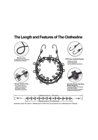 Ganzhoushop Çamaşır Askılığı Halatı Geri Çekilebilir Taşınabilir Çamaşır Askısı Depolama Çamaşır Askısı 12 Klipsli Çamaşır Kampı İçin Çok Renkli