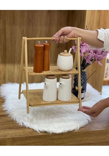 Qerhome 2 Katlı Bambu Dekoratif Sunumluk & Baharat Standı Tina Kahverengi