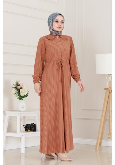 Yakası Güpür Nova Elbise-kiremit-5071 Yeşil