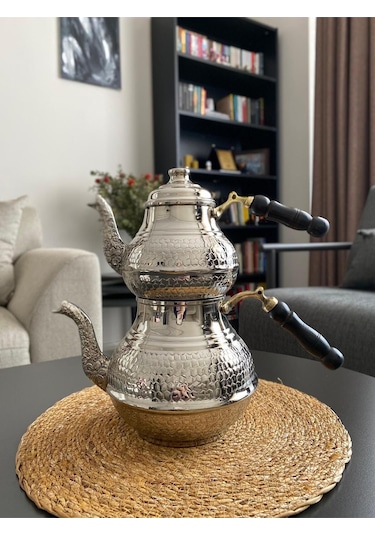 Gümüş Renkli Bakır Petek Desenli Çaydanlık Gümüş