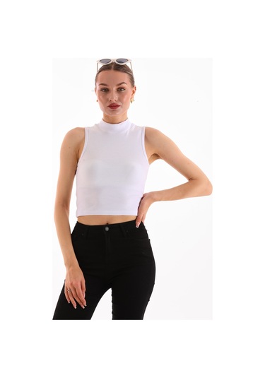 Kadın Likralı Kolsuz Crop Bluz BEYAZ Beyaz