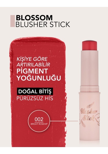 Flormar Blossom Hafif Yapılı & Doğal Bitişli Kat Kat Uygulanabilir Stick Allık 002 Brıght Rosehıp