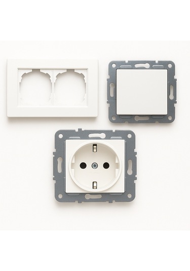 Karen Serisi Beyaz Tuşlu Anahtar Ve Topraklı Priz Seti 2'li Çerçeveyle Uyumlu