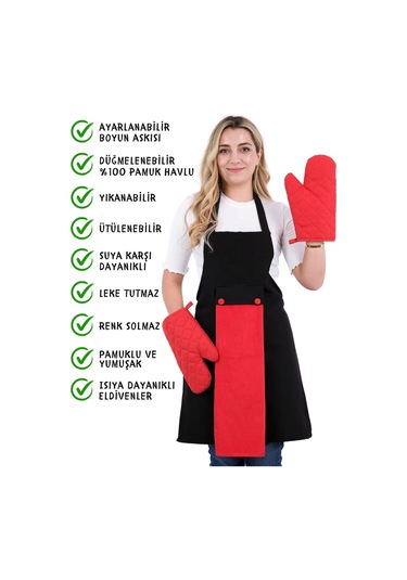 Star Ayar Askılı Havlulu 4lü Mutfak Önlüğü Seti 2 Eldiven Siyah-kırmızı-kırmızı