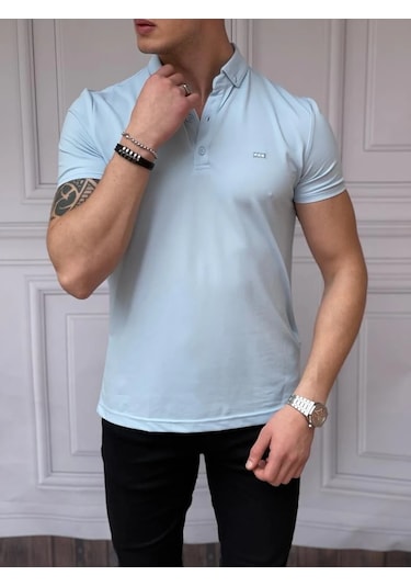 Modefendi Merserize Polo Yaka Slimfit Kalıp Tshirt Buz Mavi