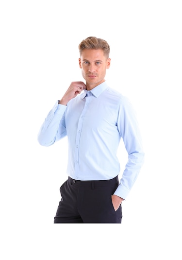Hatemoğlu Slim Fit Pamuklu Uzun Kollu Erkek Gömlek Açık Mavi