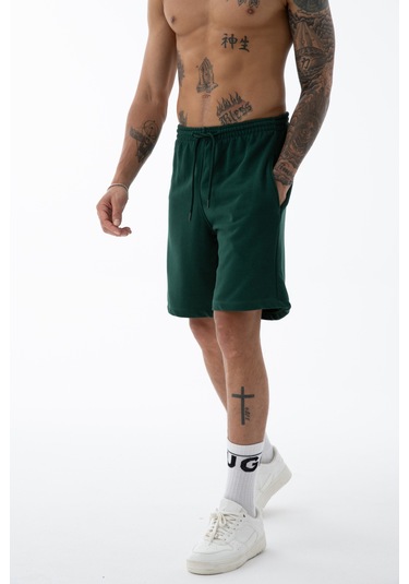 Erkek Koyu Yeşil Yüksek Kalite Relax-fit Rahat Kesim %100 Pamuk Bağcıklı Siyah Düz Basic Şort Zümrüt Yeşili