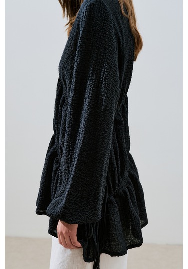 Büzgü Bağlamalı Dokulu Tunik Siyah Siyah