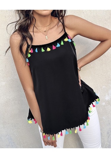 Leyla Sanat Sanata Yeni Bir Bakış Açısı Kadın Ip Askılı Püskül Detaylı Sandy Bluz Siyah