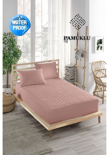 Yatak Koruyucu Alez Sıvı Geçirmez Pamuklu Kapitoneli Fitted Pembe Tek Kişilik