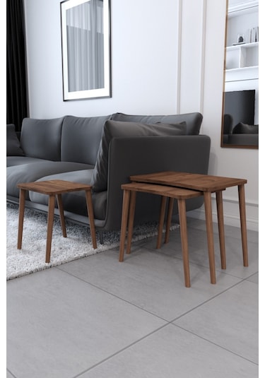 Zigon Sehpa & Yan Sehpa 3'Lü Ahşap Ayaklı Sehpa - Ceviz