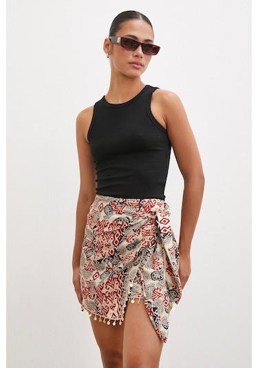 Never More Pul Aksesuarlı Bağlamalı Mini Etek Bej