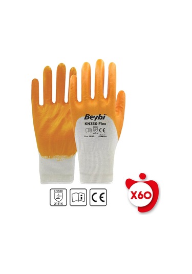 Beybi KN350 Flex Sarı Pamuk Nitril İş Eldiveni 10 Beden 60 Çift