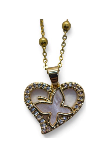 Altın Renk Beyaz Sedef Kalp Kelebek Model Top Zincir Çelik Kolye- 3725 Çok Renkli