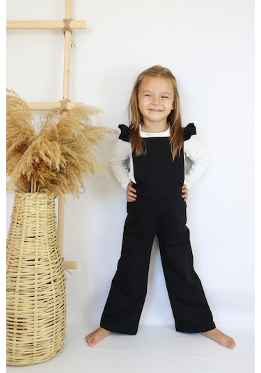 Kız Çocuk Berlin Siyah Pamuklu Fırfırlı Bağlama Detaylı Tulum Siyah