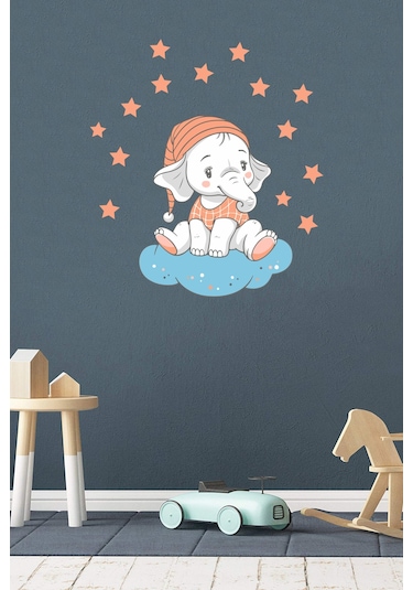 Bulutta Oturan Sevimli Fil ve Yıldızlar Çocuk Odası Duvar Sticker