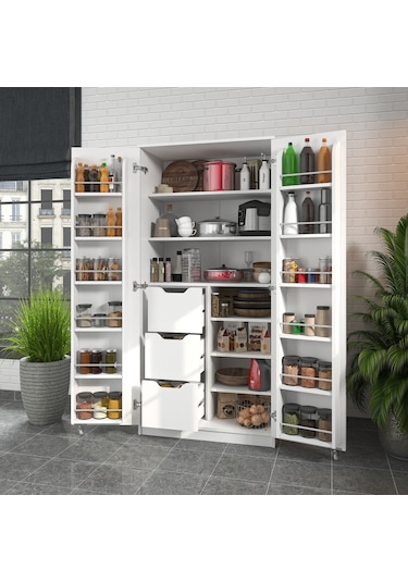 165 Derece Açılabilir 2 Kapaklı, 3 Çekmeceli, Kavanoz Raflı Kiler Ve Erzak Mutfak Dolabı Beyaz