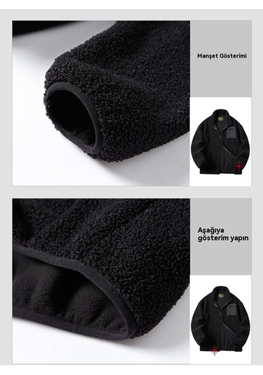 Erkek Sonbahar Ve Kış Kuzu Derisi Kalın Polar Ceket Siyah