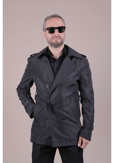 Ohepmoda Slim Fit Kemerli Erkek Trençkot Siyah