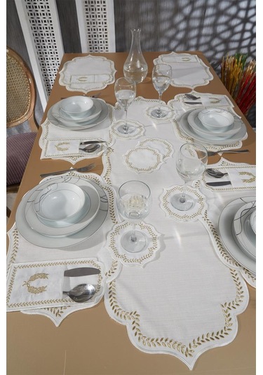 Nişan Keten Nakışlı Amerikan Servis Takımı 19 Parça Gold Gold