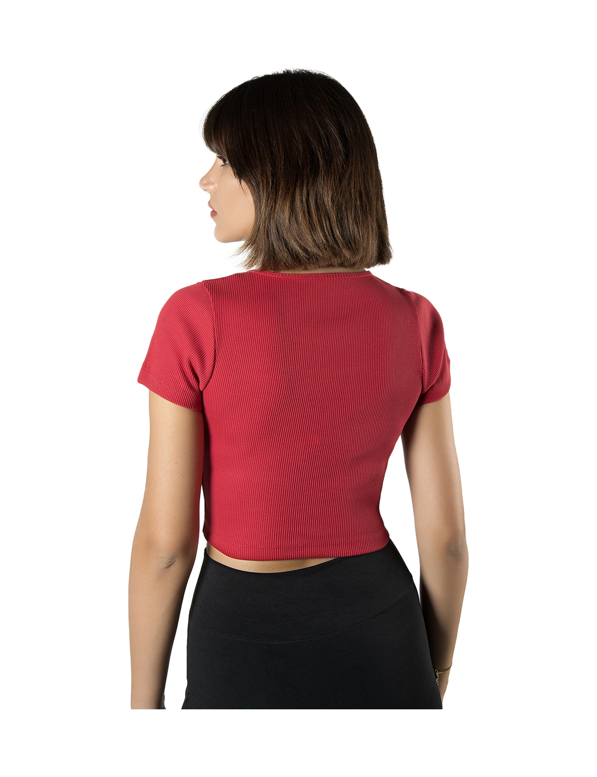 Kırmızı Havuz Yaka Fitted/vücuda Oturan Kısa Kol Crop Tişört Kırmızı