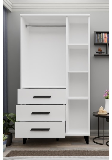 Gm 303-a Ece 3 Kapı 3 Çekmeceli Ayaklı Siyah Kulplu Gardırop