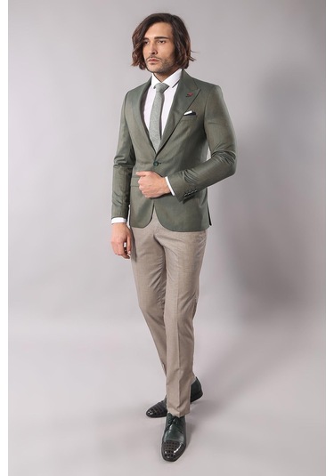 Wessi Tek Düğme Yarım Astar Sivri Yaka Yeşil Ceket- Yeşil