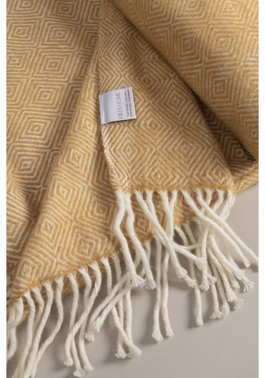 Suez Hardal Beyaz Renkli Yün Çift Kişilik Battaniyesi 91252 180x2 Hardal