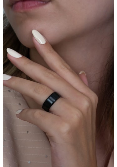 8 Mm Köşeli Düz Model Unisex Kadın Erkek Çelik Alyans Yüzük Cl31 Siyah